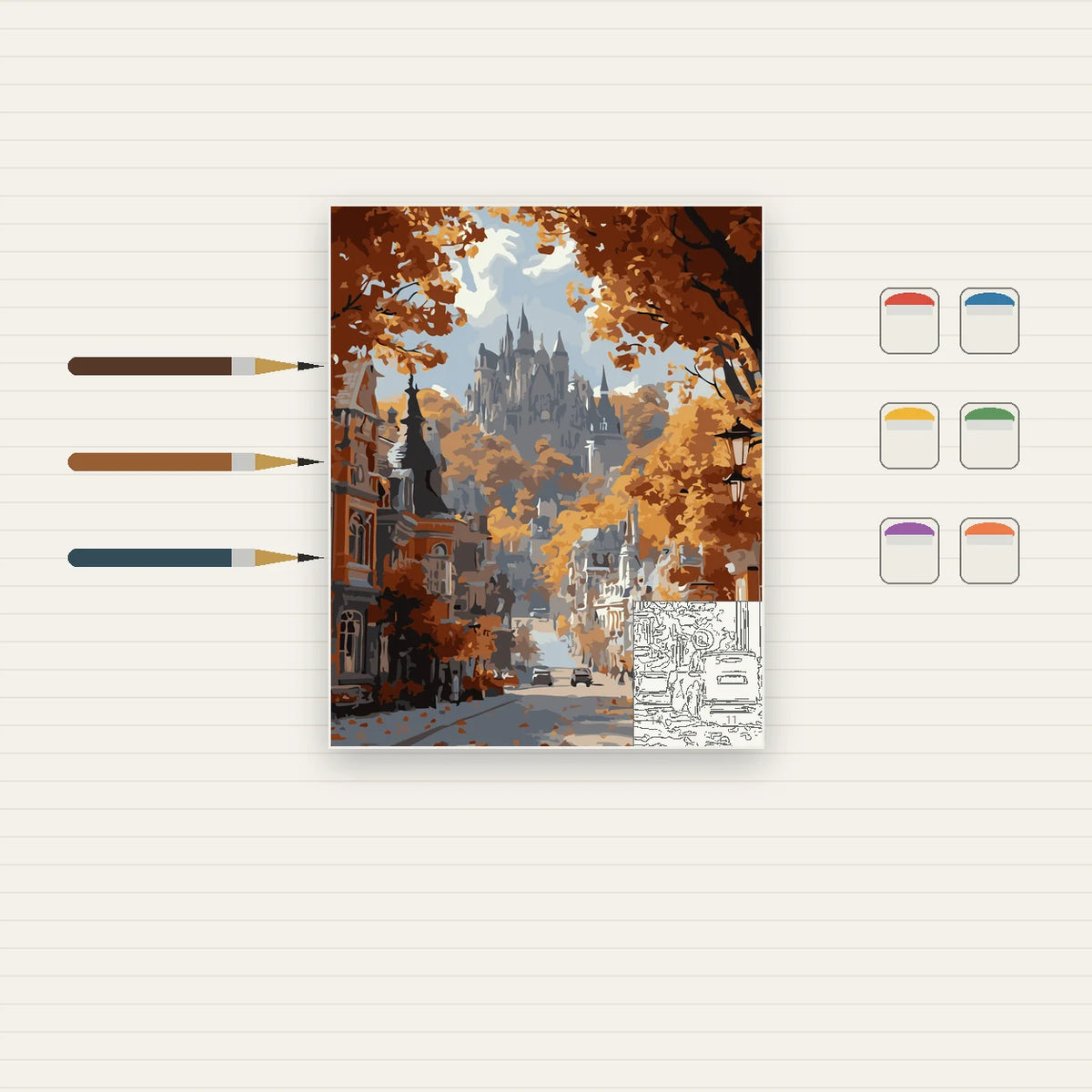 Complete Autumn Castle Street numbered canvas being painted with acrylic paints and brushes