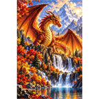 Autumn Dragon Mountain Lake — original artwork on a clean white background