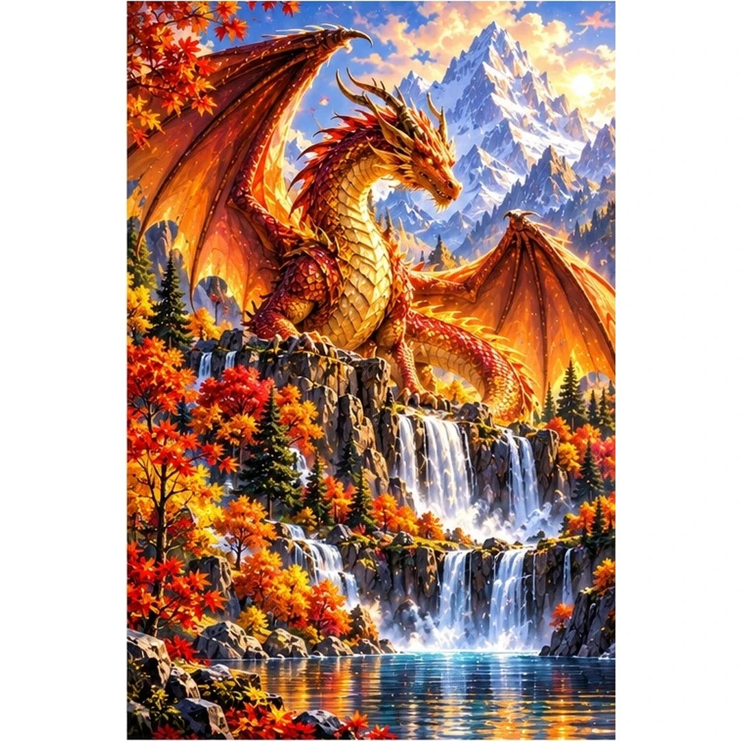 Autumn Dragon Mountain Lake — original artwork on a clean white background
