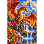 Autumn Dragon Mountain Lake — finished diamond painting on a white background