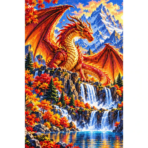 Autumn Dragon Mountain Lake — finished diamond painting on a white background