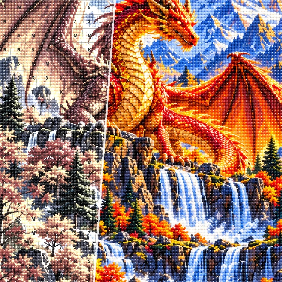Autumn Dragon Mountain Lake — close-up canvas and resin drill detail