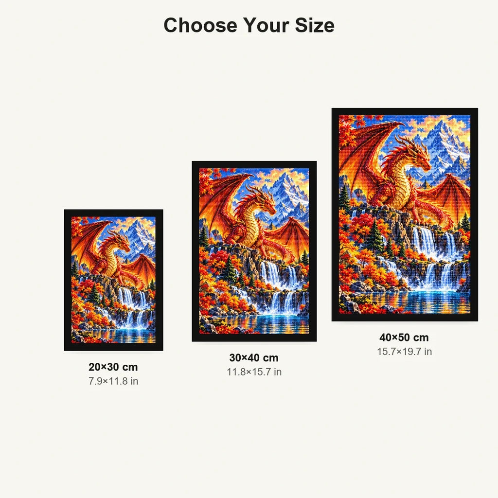 Autumn Dragon Mountain Lake — size comparison for 20 × 30, 30 × 40 and 40 × 50 cm