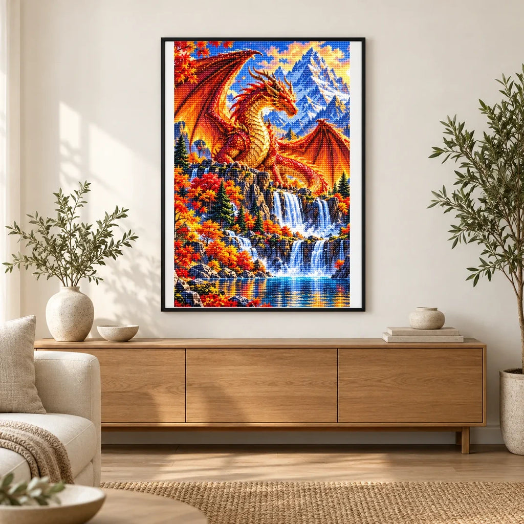 Autumn Dragon Mountain Lake — finished diamond painting displayed in a home interior