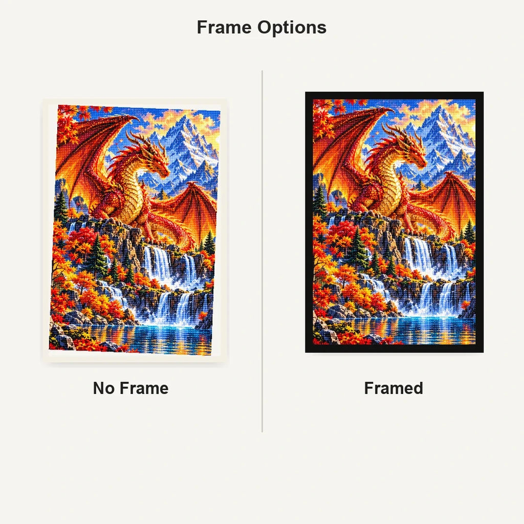 Autumn Dragon Mountain Lake — No Frame and Framed style comparison