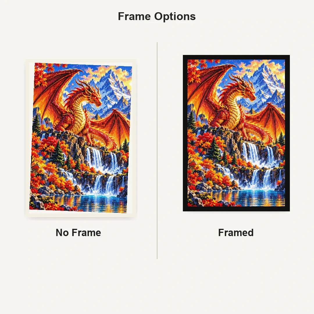 Autumn Dragon Mountain Lake — No Frame and Framed style comparison