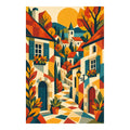 White-background original artwork of a geometric autumn European village with warm-colored houses and golden trees beneath an orange sun for a diamond painting kit