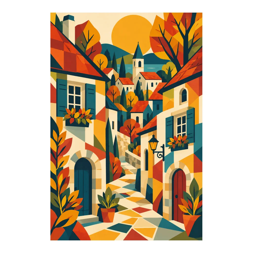 White-background original artwork of a geometric autumn European village with warm-colored houses and golden trees beneath an orange sun for a diamond painting kit