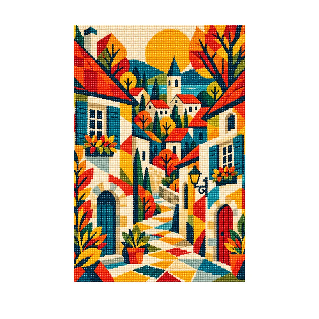 White-background finished diamond painting of a geometric autumn European village with golden trees and a colorful winding stone lane
