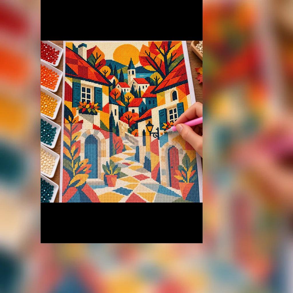 Diamond painting process showing the geometric autumn European village being completed with a stylus