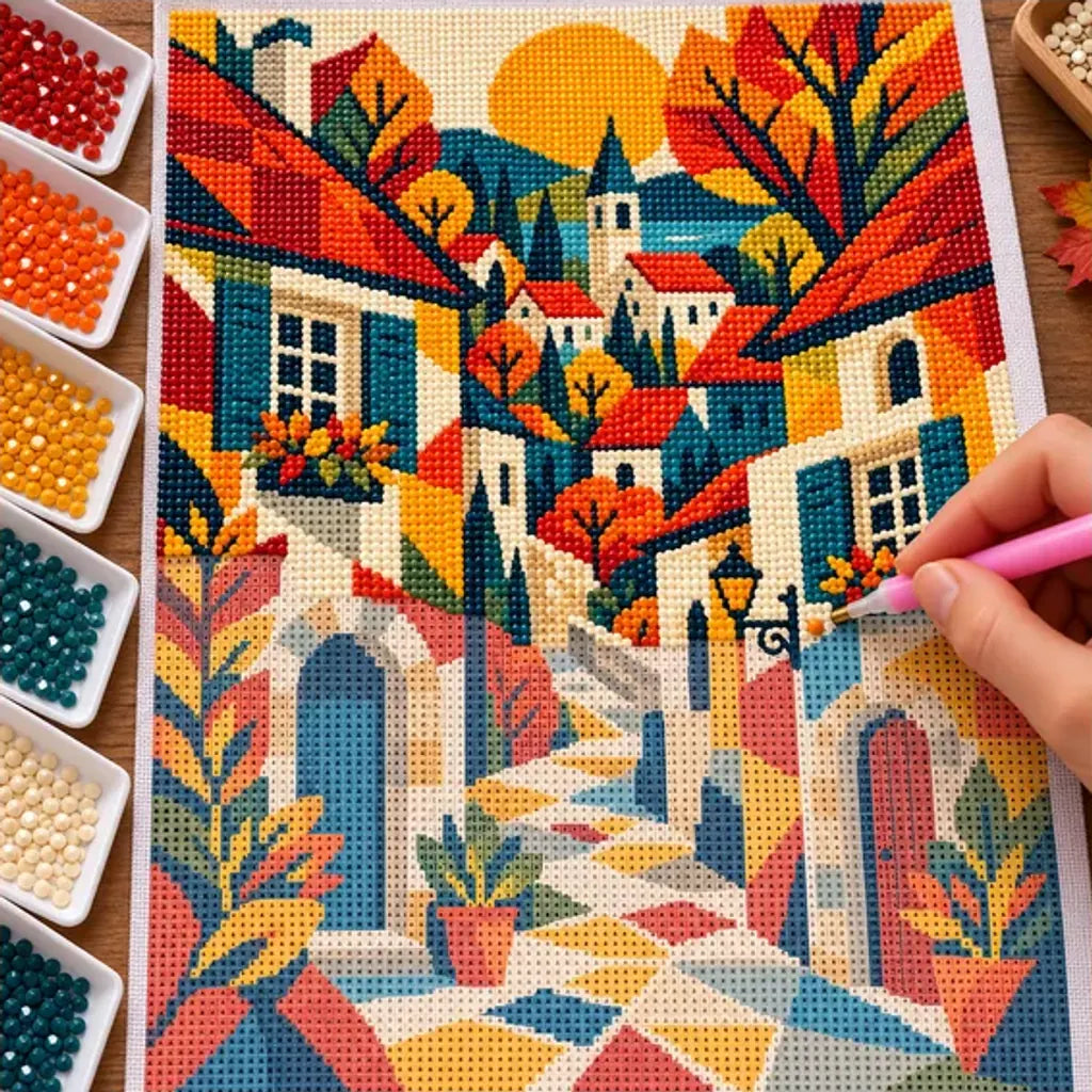 Diamond painting process showing a geometric autumn European village with warm-colored houses and golden trees beneath an orange sun being completed with a stylus