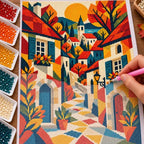Diamond painting process showing a geometric autumn European village with warm-colored houses and golden trees beneath an orange sun being completed with a stylus