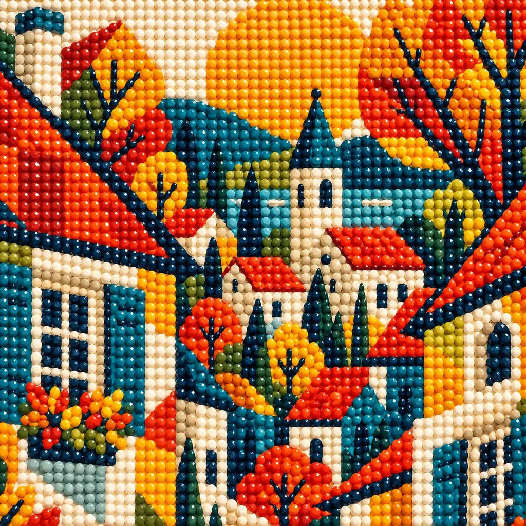Close-up diamond drill detail of warm-colored houses and golden autumn leaves in the village artwork