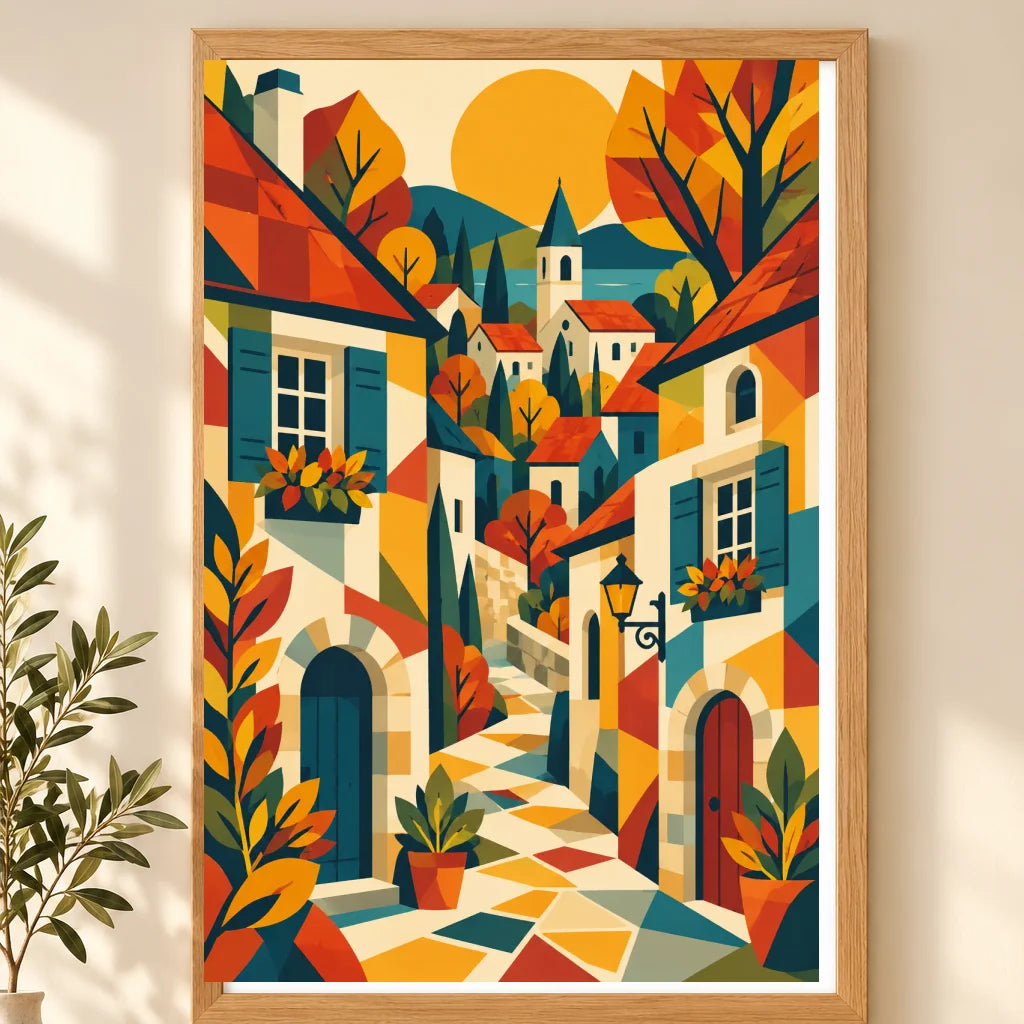 Framed geometric autumn European village diamond painting displayed as home decor