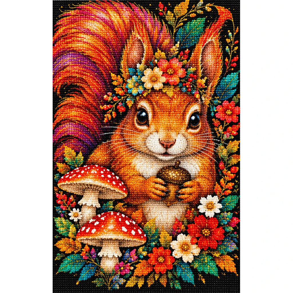 Autumn Floral Squirrel Diamond Painting Kit — Finished white-background diamond painting