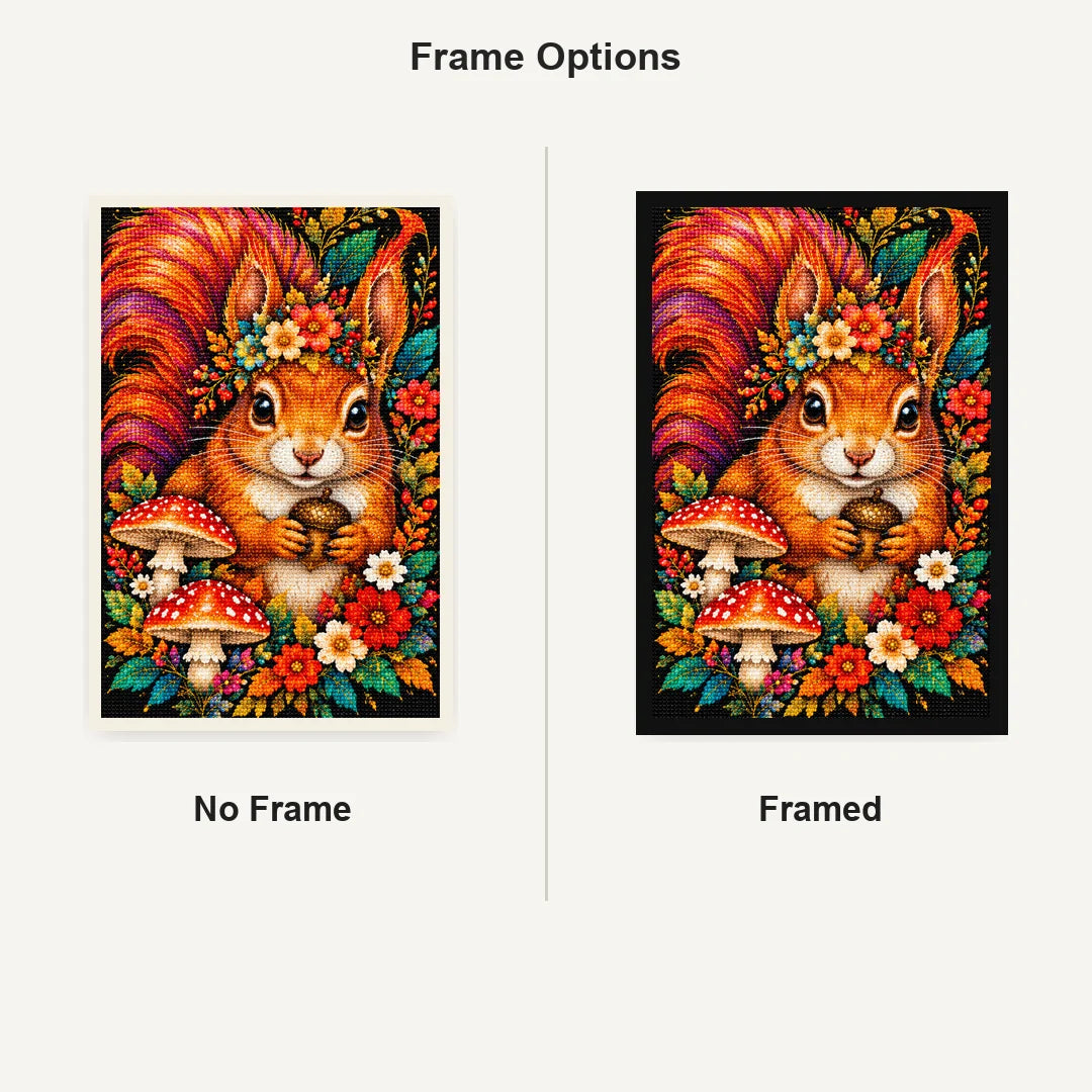 Autumn Floral Squirrel Diamond Painting Kit — No Frame and Framed comparison