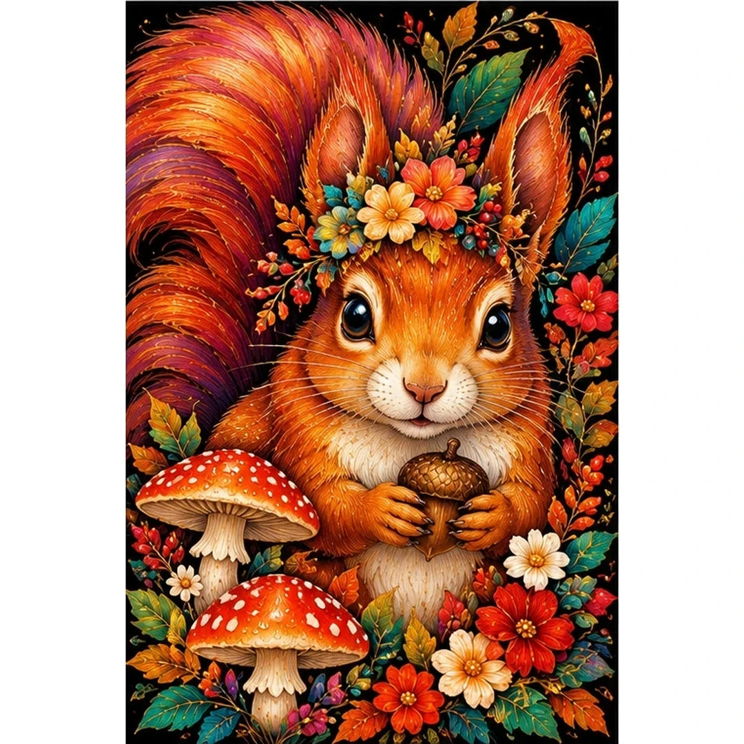 Autumn Floral Squirrel Diamond Painting Kit — original white-background artwork