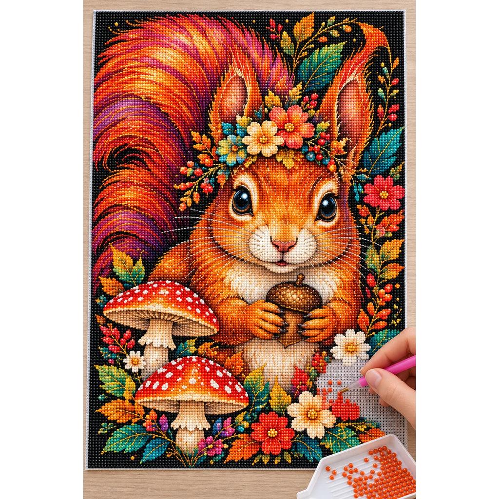 Autumn Floral Squirrel Diamond Painting Kit — Diamond painting process