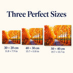 Size guide for Autumn Forest Path Diamond Painting Kit: 30 × 20 cm, 40 × 30 cm, 50 × 40 cm.