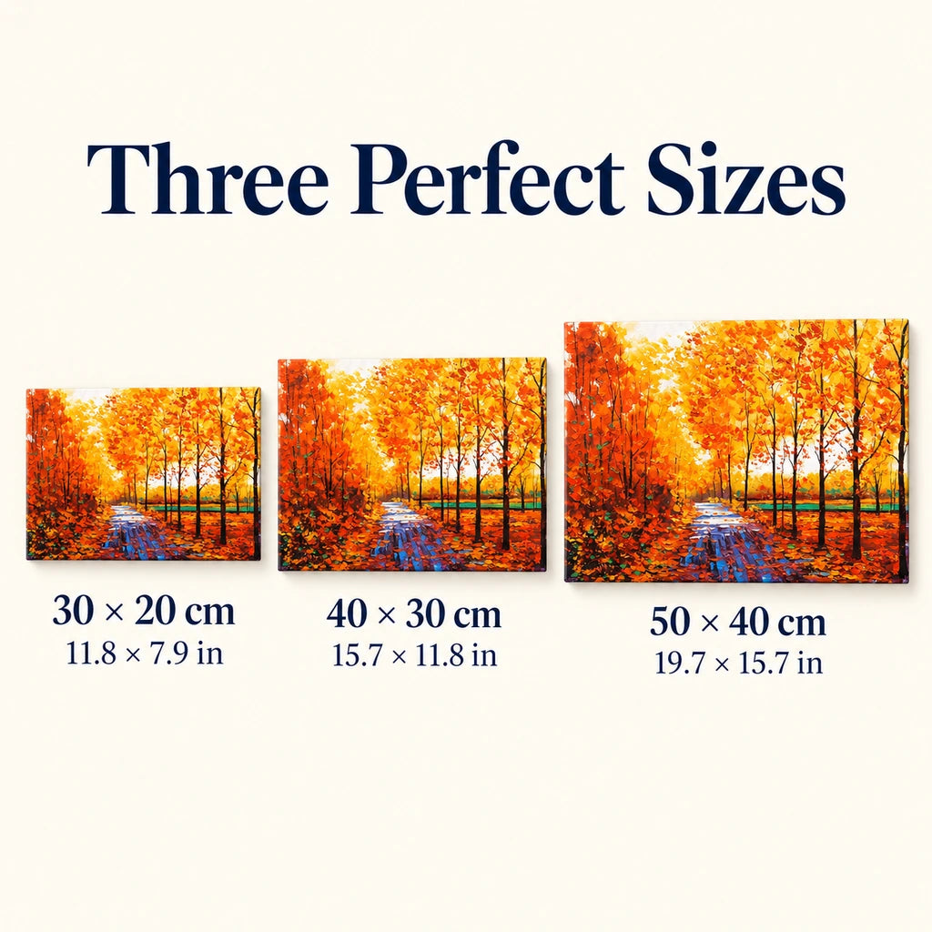 Size guide for Autumn Forest Path Diamond Painting Kit: 30 × 20 cm, 40 × 30 cm, 50 × 40 cm.