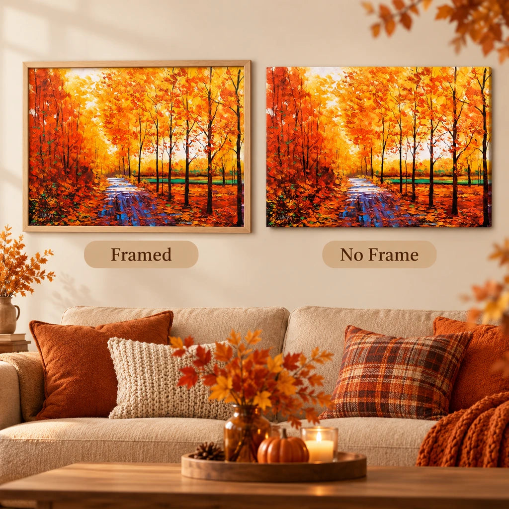 Framed and no-frame comparison for Autumn Forest Path Diamond Painting Kit