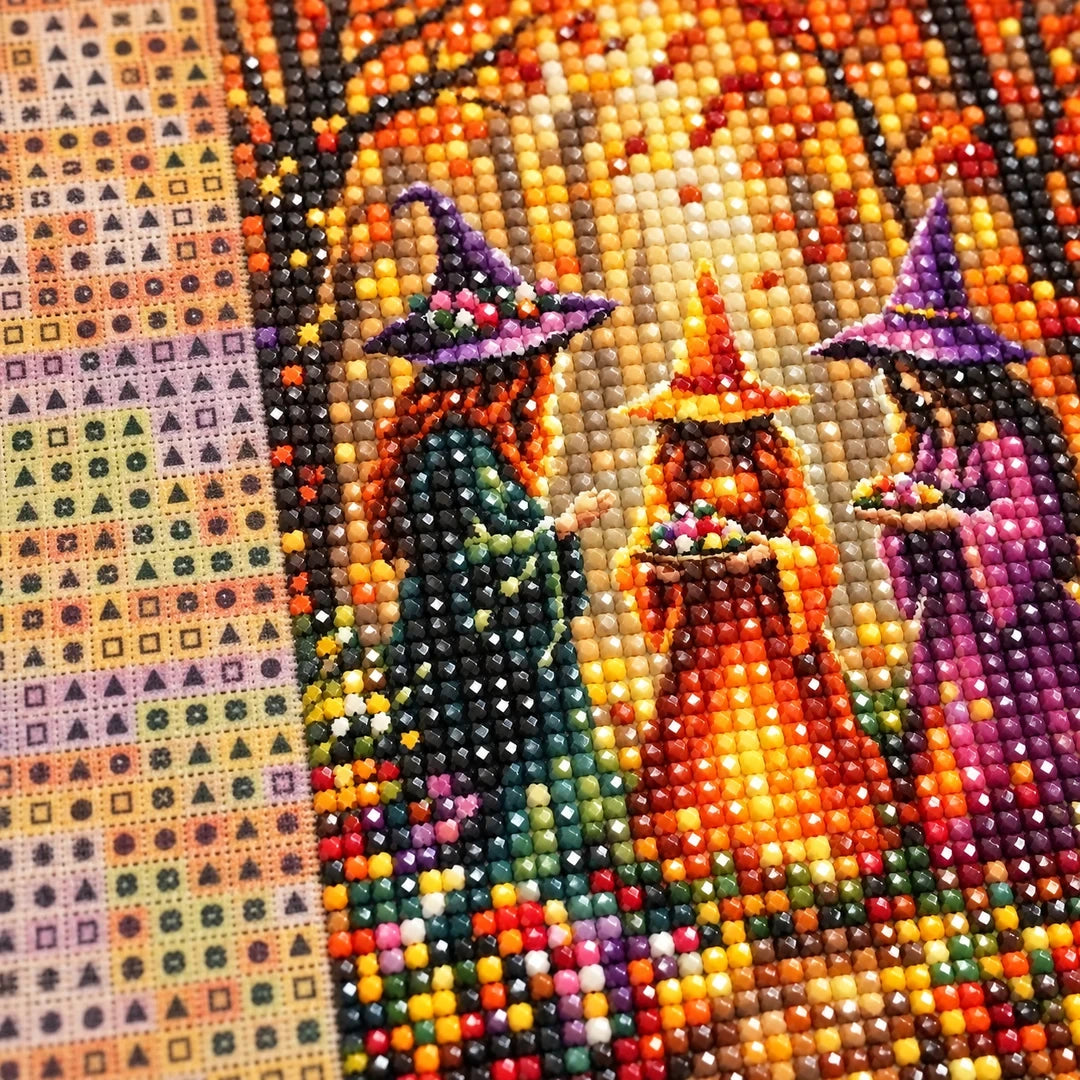 Autumn Forest Witch Trio Diamond Painting Kit diamond and canvas detail