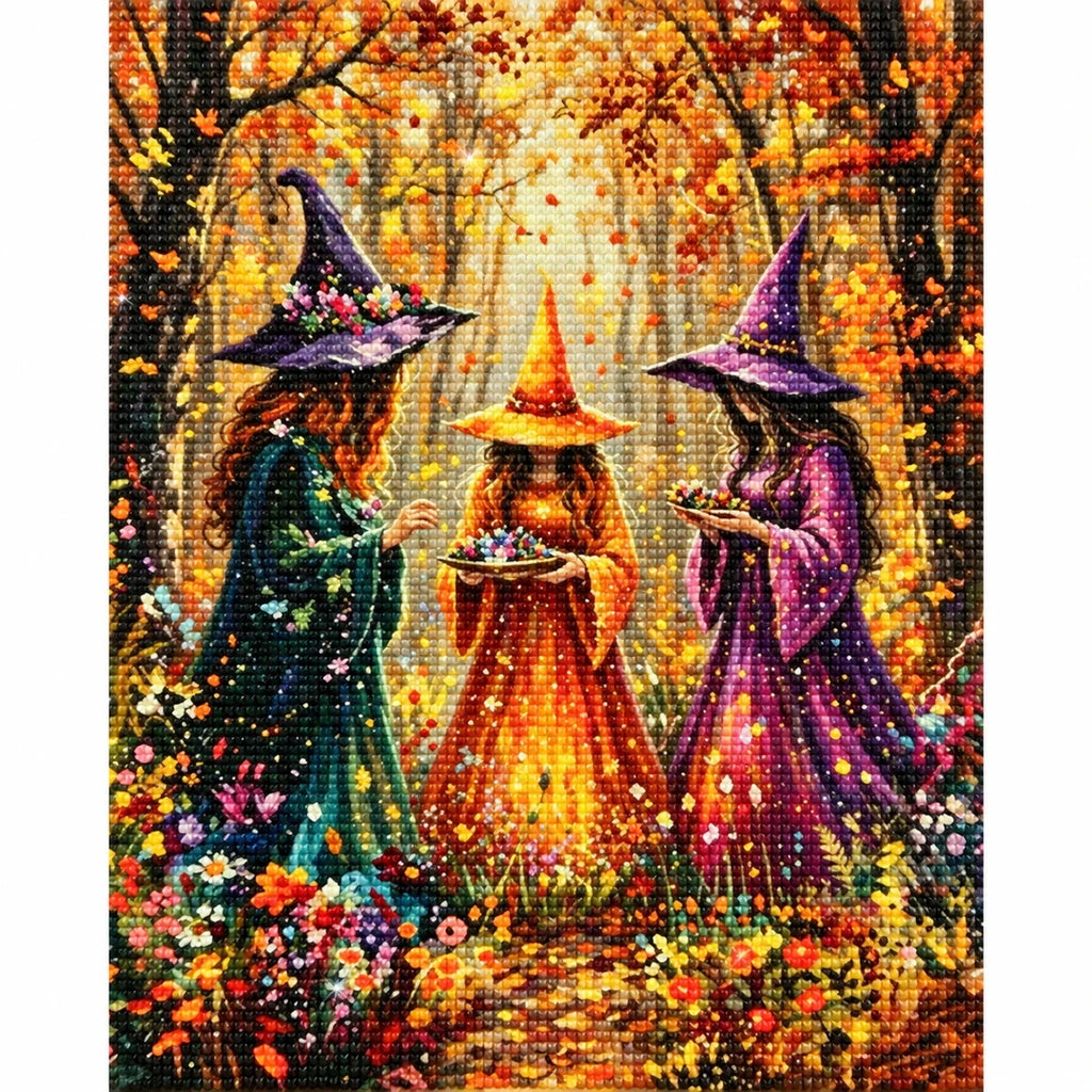 Autumn Forest Witch Trio Diamond Painting Kit finished diamond artwork on white background