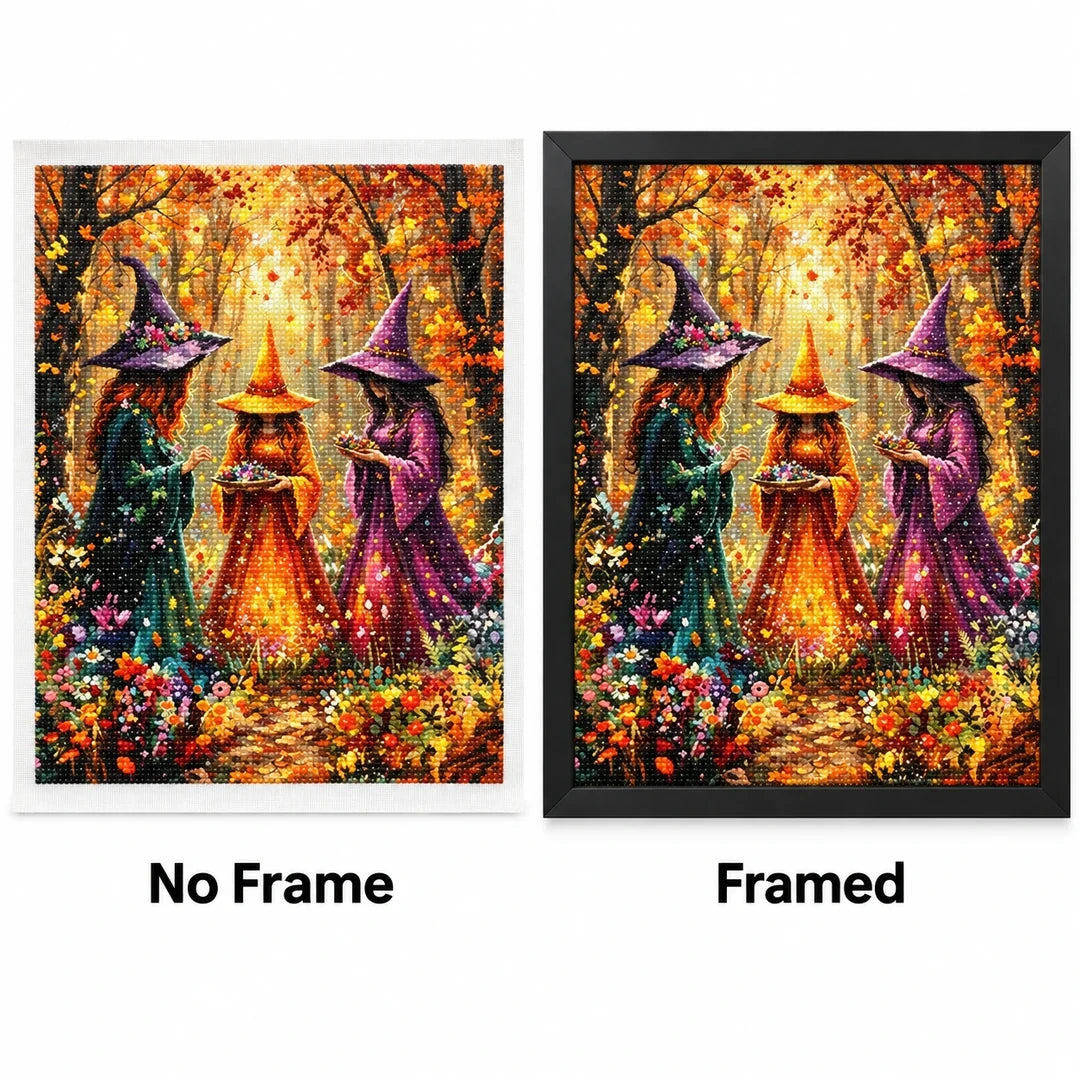 Autumn Forest Witch Trio Diamond Painting Kit No Frame and Framed comparison