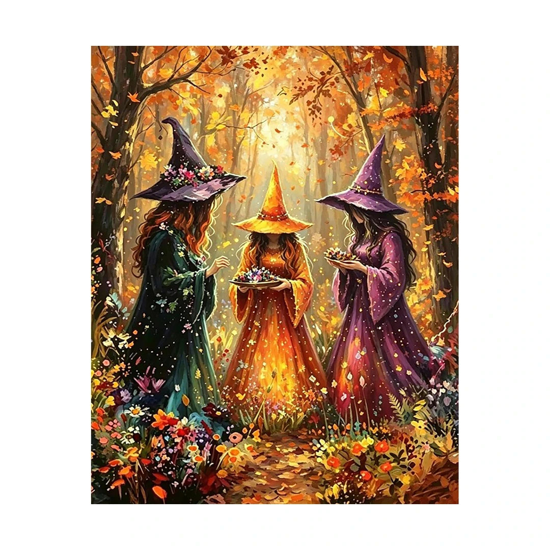 Autumn Forest Witch Trio Diamond Painting Kit original artwork on white background