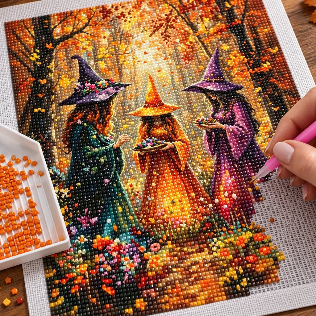 Autumn Forest Witch Trio Diamond Painting Kit diamond placement process