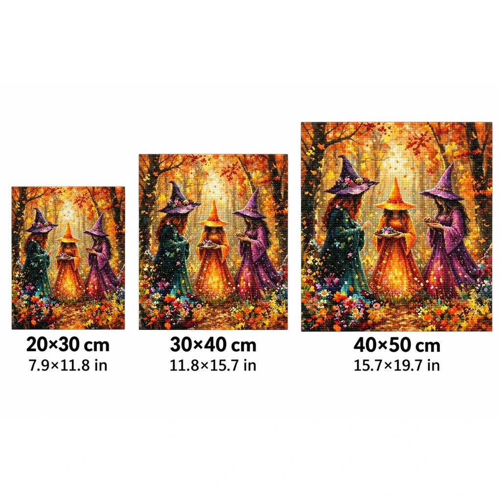 Autumn Forest Witch Trio Diamond Painting Kit size guide