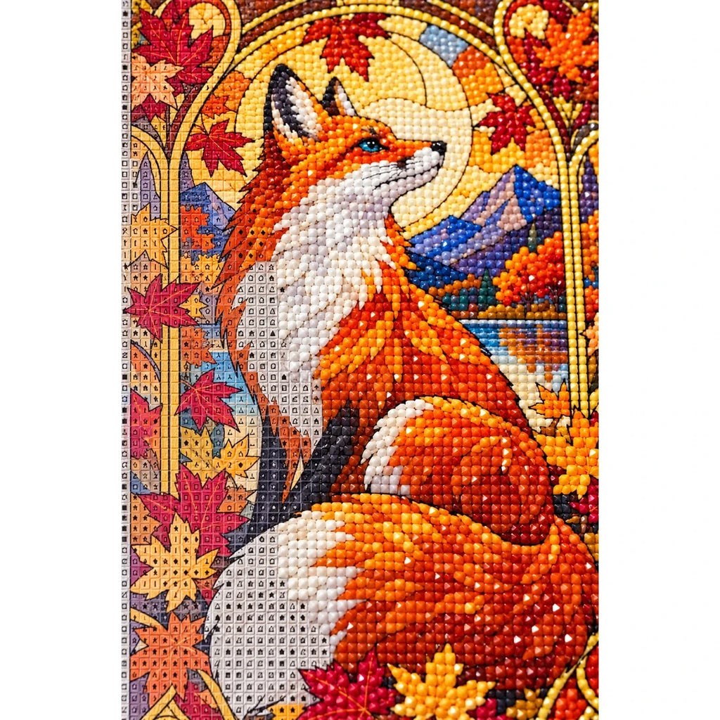 Autumn Fox Maple Leaves Diamond Painting Kit — canvas and drill material detail