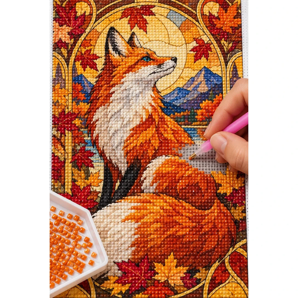 Autumn Fox Maple Leaves Diamond Painting Kit — diamond painting application process