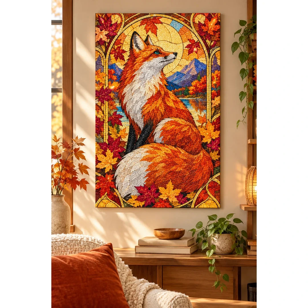 Autumn Fox Maple Leaves Diamond Painting Kit — finished diamond painting in a home setting