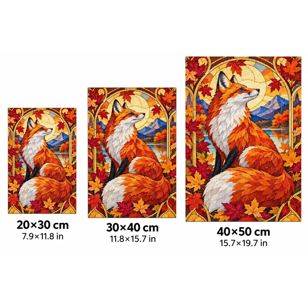 Autumn Fox Maple Leaves Diamond Painting Kit — 20 by 30, 30 by 40, and 40 by 50 centimeter size guide