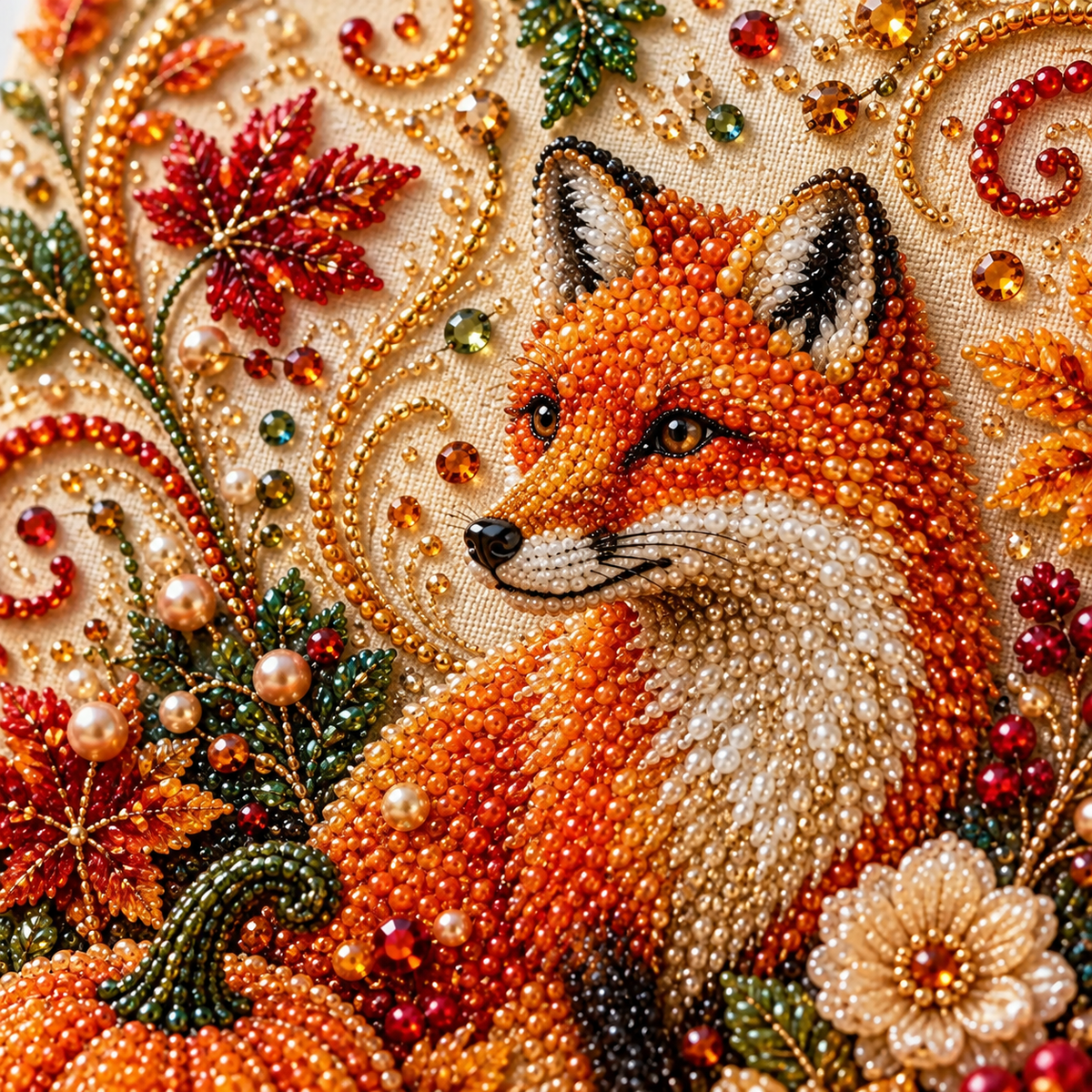 Close-up of pearl beads on the autumn fox design