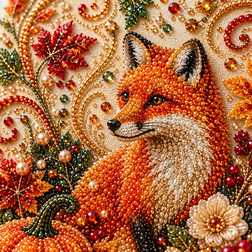 Close-up of pearl beads on the autumn fox design