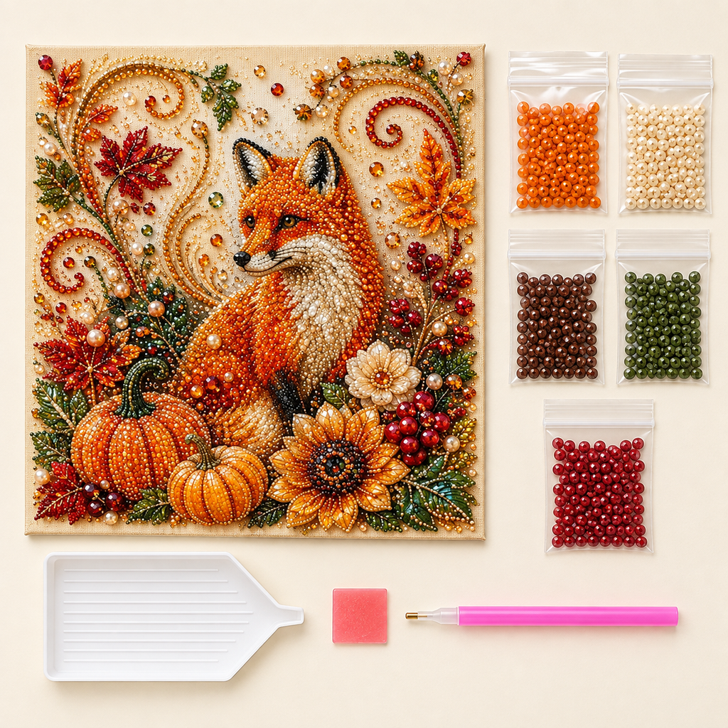 Autumn fox pearl painting canvas, beads, tray, wax and applicator pen