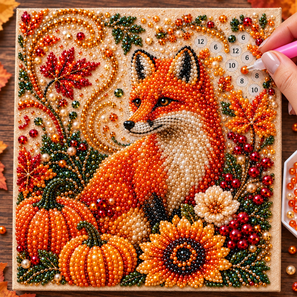 Placing orange pearl beads on the autumn fox canvas