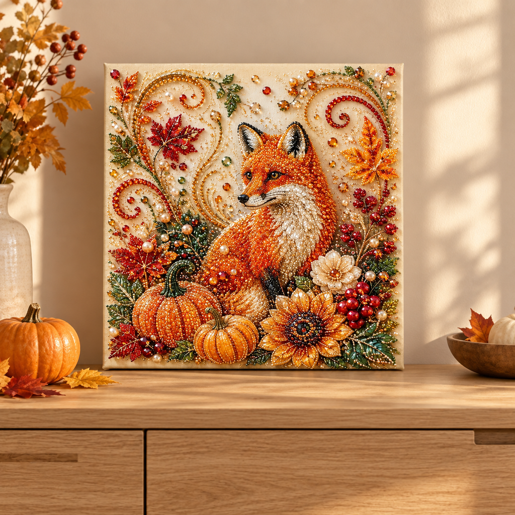 Autumn fox and pumpkins pearl artwork displayed in a fall room