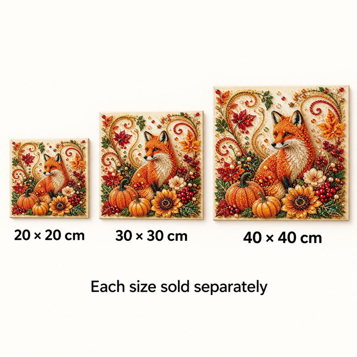 Autumn fox pearl painting size comparison for 20, 30 and 40 cm