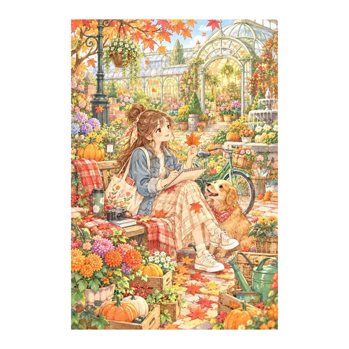 White-background original artwork of a young woman sketching among autumn flowers beside a golden dog for a diamond painting kit