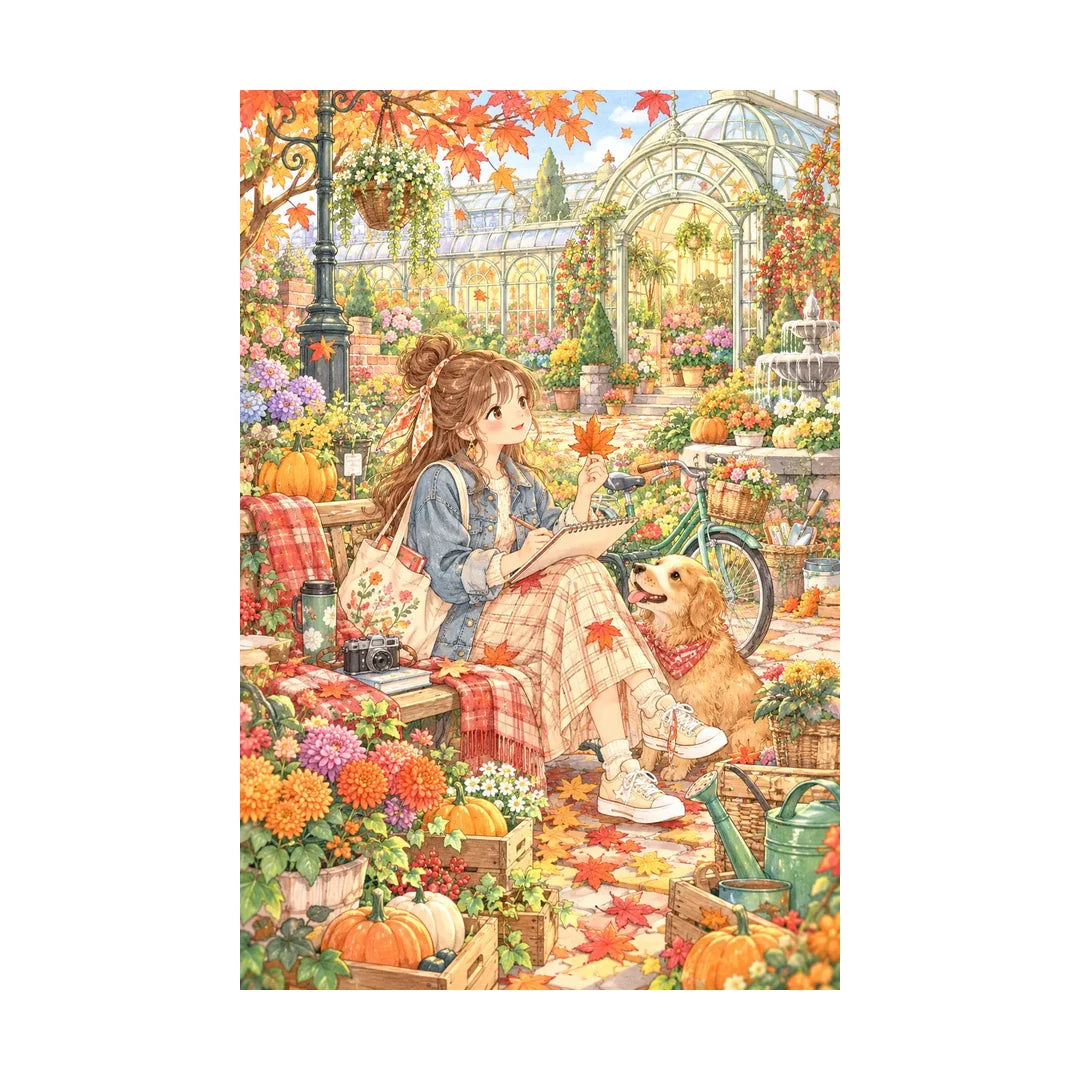 White-background original artwork of a young woman sketching among autumn flowers beside a golden dog for a diamond painting kit