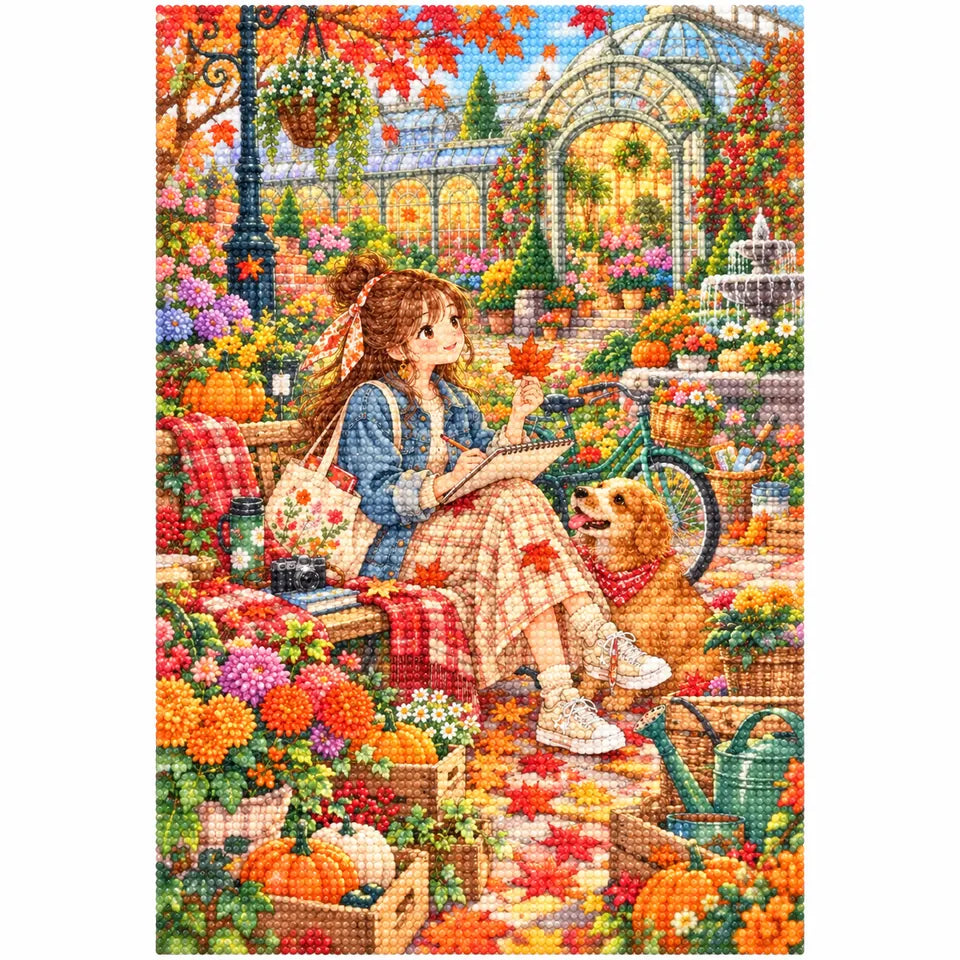 White-background finished diamond painting of a young woman sketching among autumn flowers beside a golden dog with sparkling drills