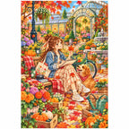 White-background finished diamond painting of a young woman sketching among autumn flowers beside a golden dog with sparkling drills