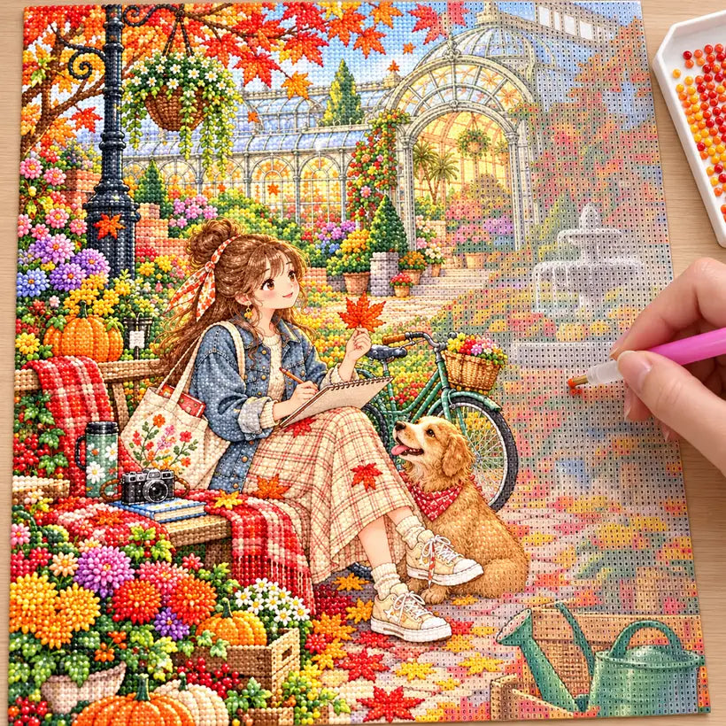 Diamond painting process showing a young woman sketching among autumn flowers beside a golden dog being completed with a stylus