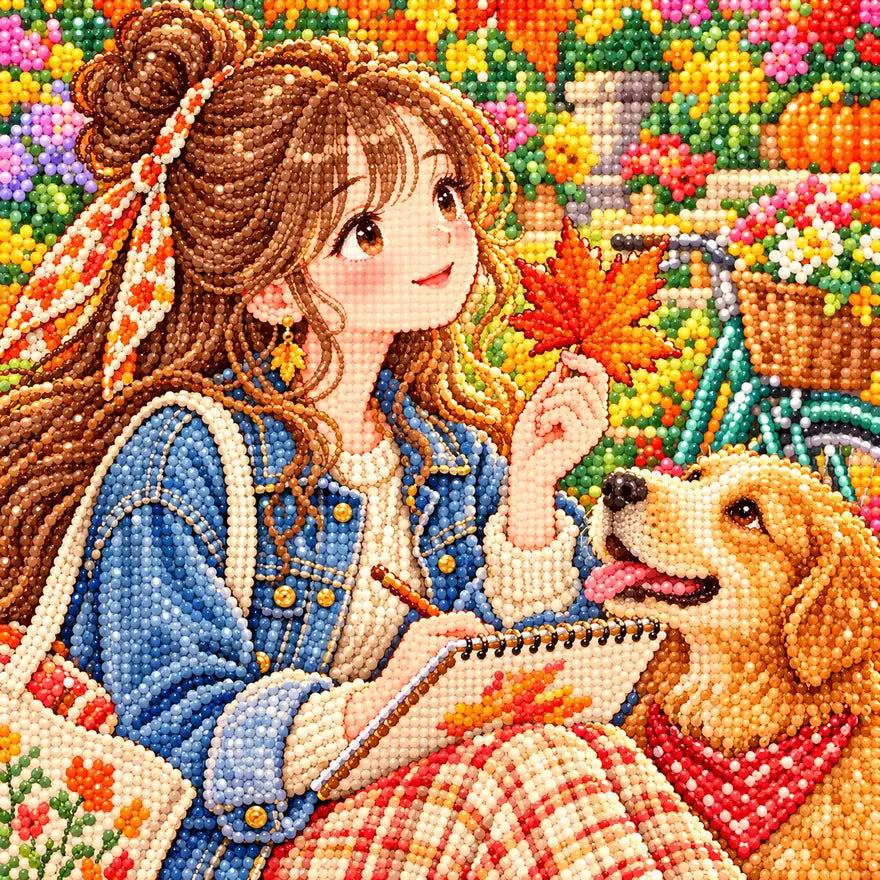 Close-up diamond drill detail of a young woman sketching among autumn flowers beside a golden dog artwork