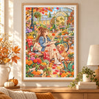 Framed a young woman sketching among autumn flowers beside a golden dog diamond painting displayed as home decor