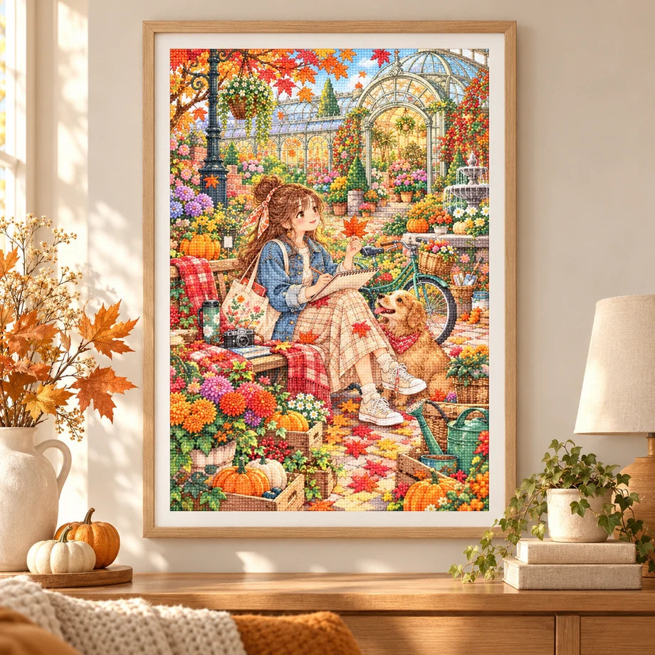Framed a young woman sketching among autumn flowers beside a golden dog diamond painting displayed as home decor
