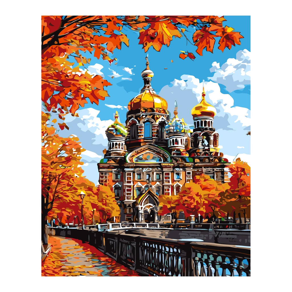 Original artwork showing an ornate cathedral with golden domes among orange autumn leaves.